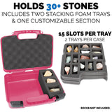 CASEMATIX Rock Collection Travel Case - 30 Slot Rock Collection Box with Two Pre-Cut Foam Trays, Protective Crystal Storage Travel Case, Pink Shell