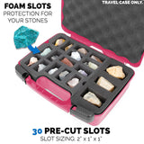 CASEMATIX Rock Collection Travel Case - 30 Slot Rock Collection Box with Two Pre-Cut Foam Trays, Protective Crystal Storage Travel Case, Pink Shell