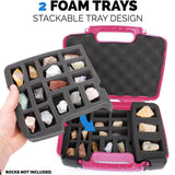 CASEMATIX Rock Collection Travel Case - 30 Slot Rock Collection Box with Two Pre-Cut Foam Trays, Protective Crystal Storage Travel Case, Pink Shell