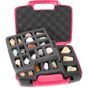 CASEMATIX Rock Collection Travel Case - 30 Slot Rock Collection Box with Two Pre-Cut Foam Trays, Protective Crystal Storage Travel Case, Pink Shell