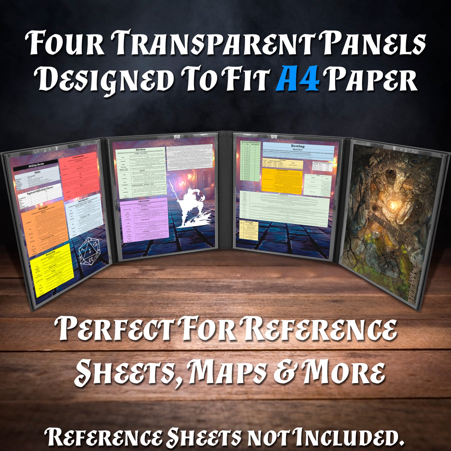 Faux Leather 4-Panel DM Screen – Embossed Folding GM Screen with Wet-Erase Pockets for Tabletop RPGs – Black or Brown (Inserts Not Included)