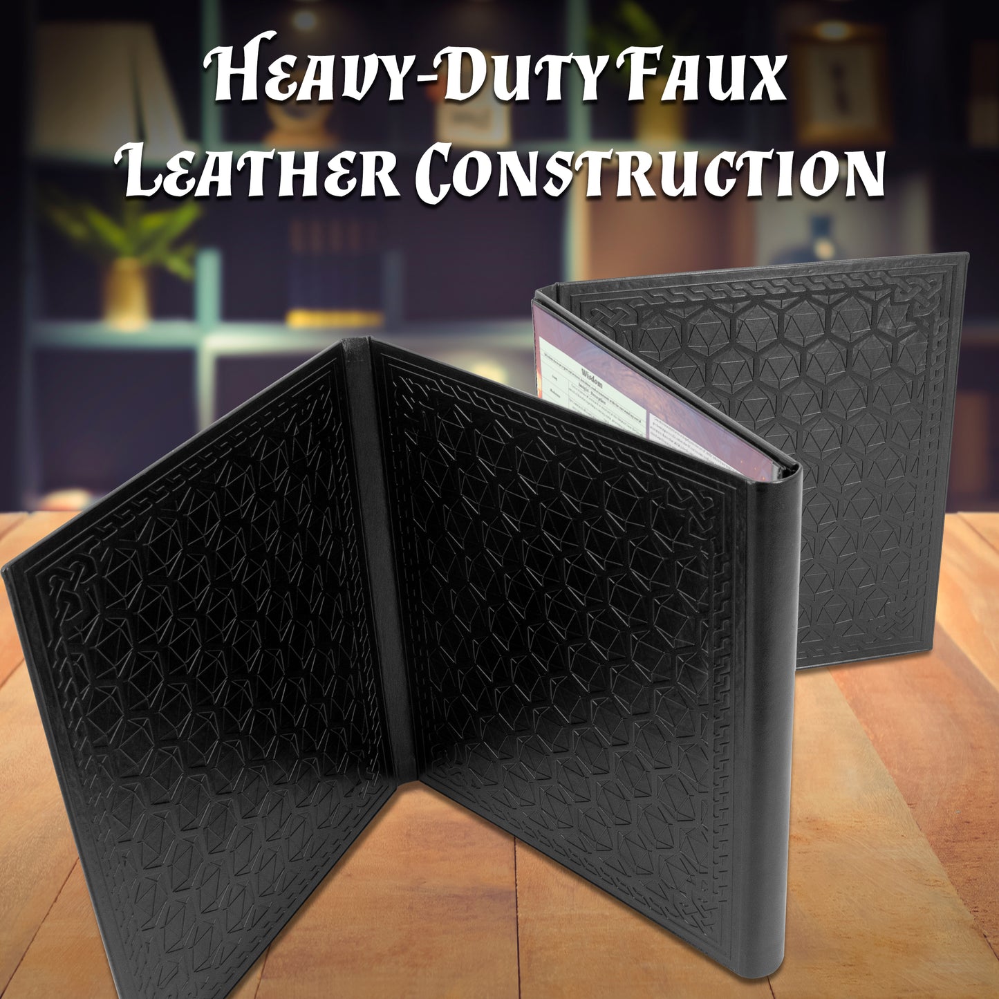 Faux Leather 4-Panel DM Screen – Embossed Folding GM Screen with Wet-Erase Pockets for Tabletop RPGs – Black or Brown (Inserts Not Included)