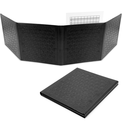 Faux Leather 4-Panel DM Screen – Embossed Folding GM Screen with Wet-Erase Pockets for Tabletop RPGs – Black or Brown (Inserts Not Included)