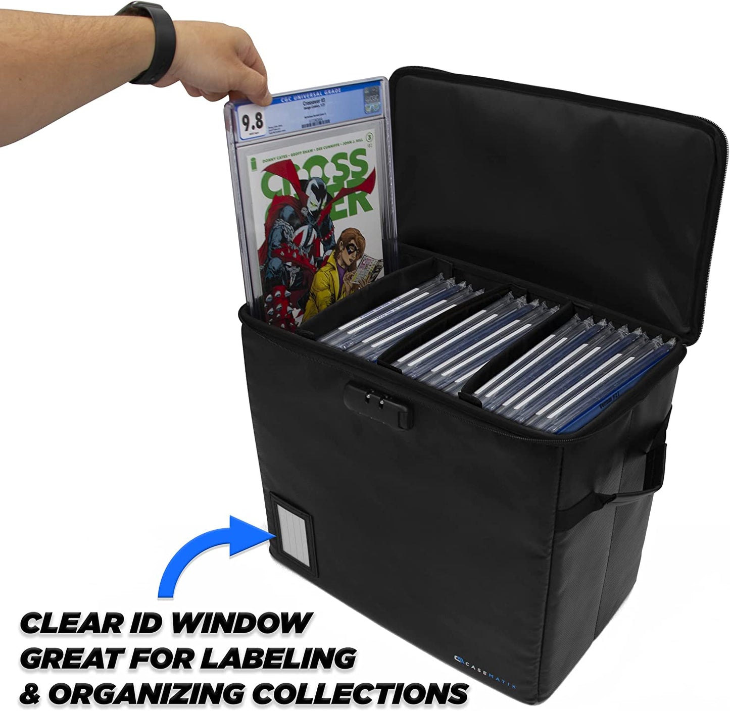 Graded Comic Book Storage Fits 30+ CGC Graded Comics, Fire Resistant Comic Book Bin with 3 Padded Comic Box Dividers and Comic Case Lock