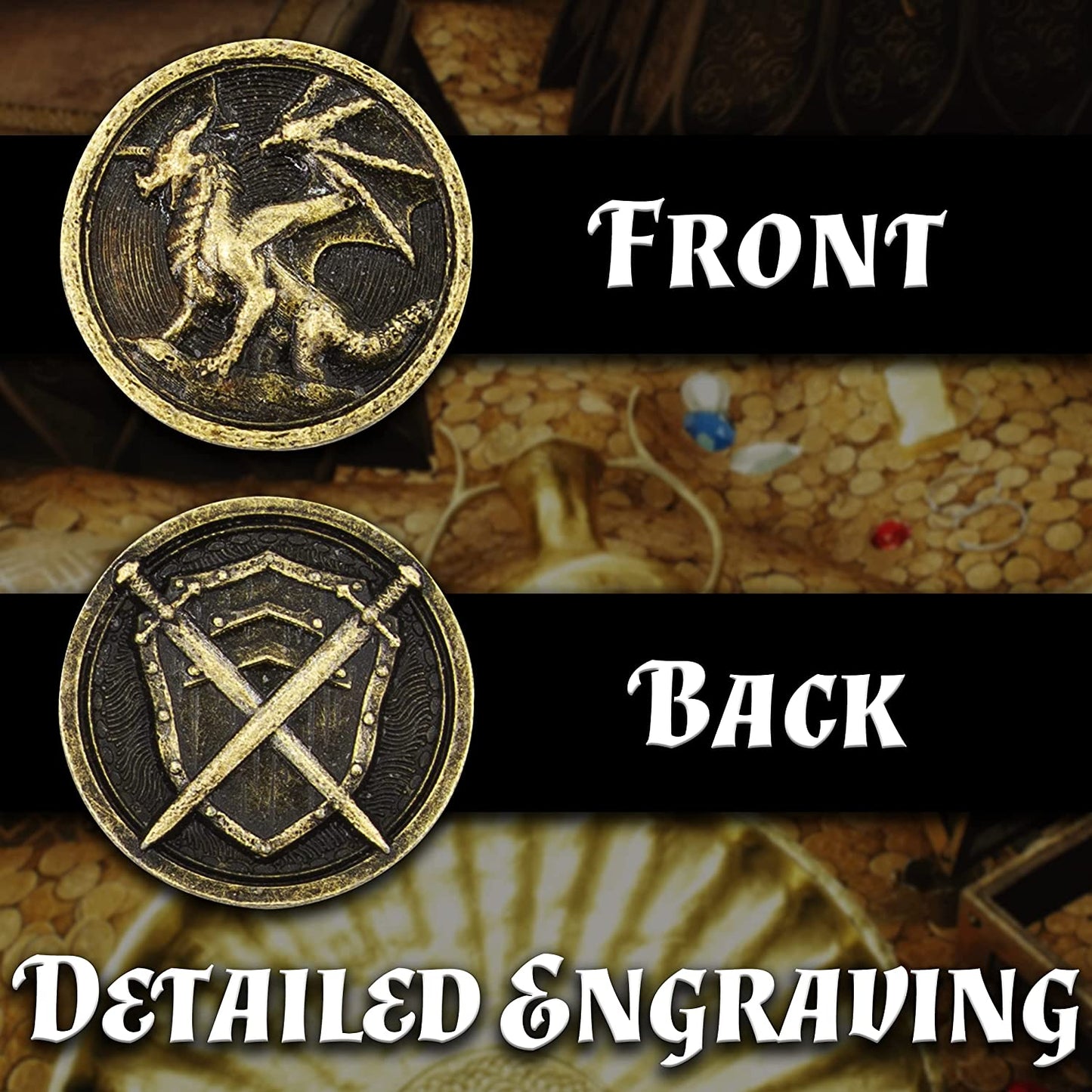 Metal Coins and Carrying Pouch for Tabletop RPG Board Games - 100 Count DND Coins Fantasy Coins with Dragons & Sword and Shield Engraving