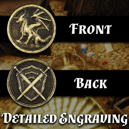 Metal Coins and Carrying Pouch for Tabletop RPG Board Games - 100 Count DND Coins Fantasy Coins with Dragons & Sword and Shield Engraving