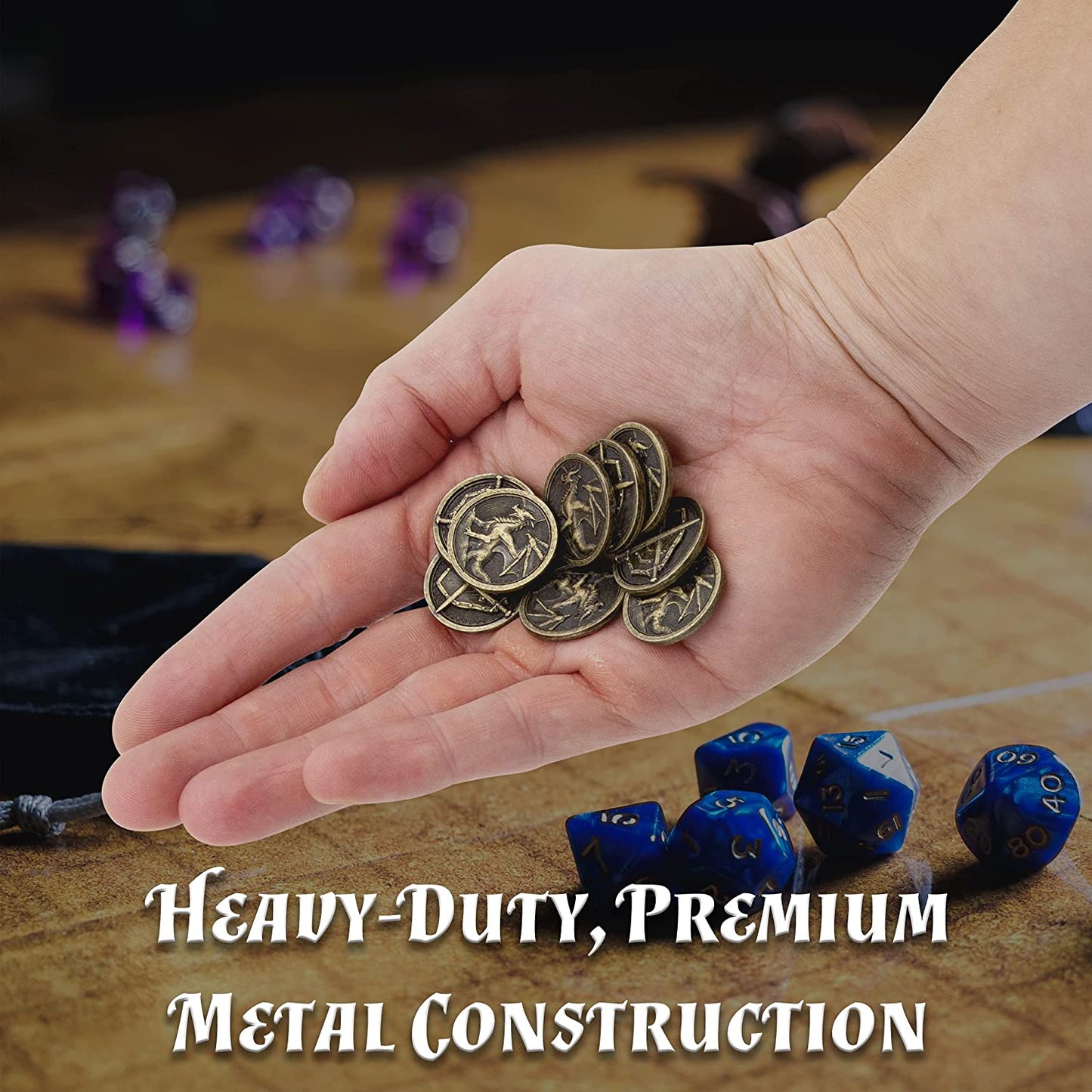 Metal Coins and Carrying Pouch for Tabletop RPG Board Games - 100 Count DND Coins Fantasy Coins with Dragons & Sword and Shield Engraving
