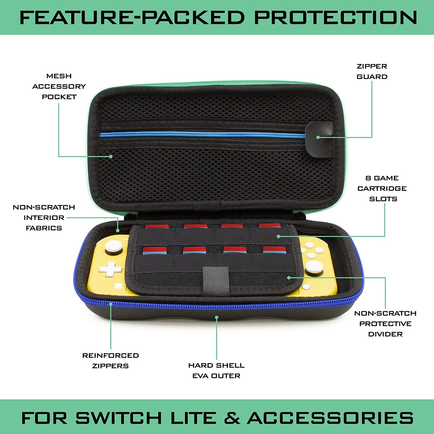 Carrying Case for Nintendo Switch Lite with 8 Game Slots, Non-Scratch Divider for Screen Protection, Accessory Storage & Comfortable Handle