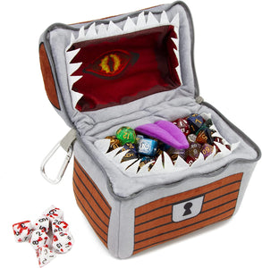 CASEMATIX Mimic Dice Chest and Dice Jail with 7 Included RPG Dice - 6.5" Plush Mimic Chest Dice Bag with Zipper Closure and Carabiner for 150 Dice