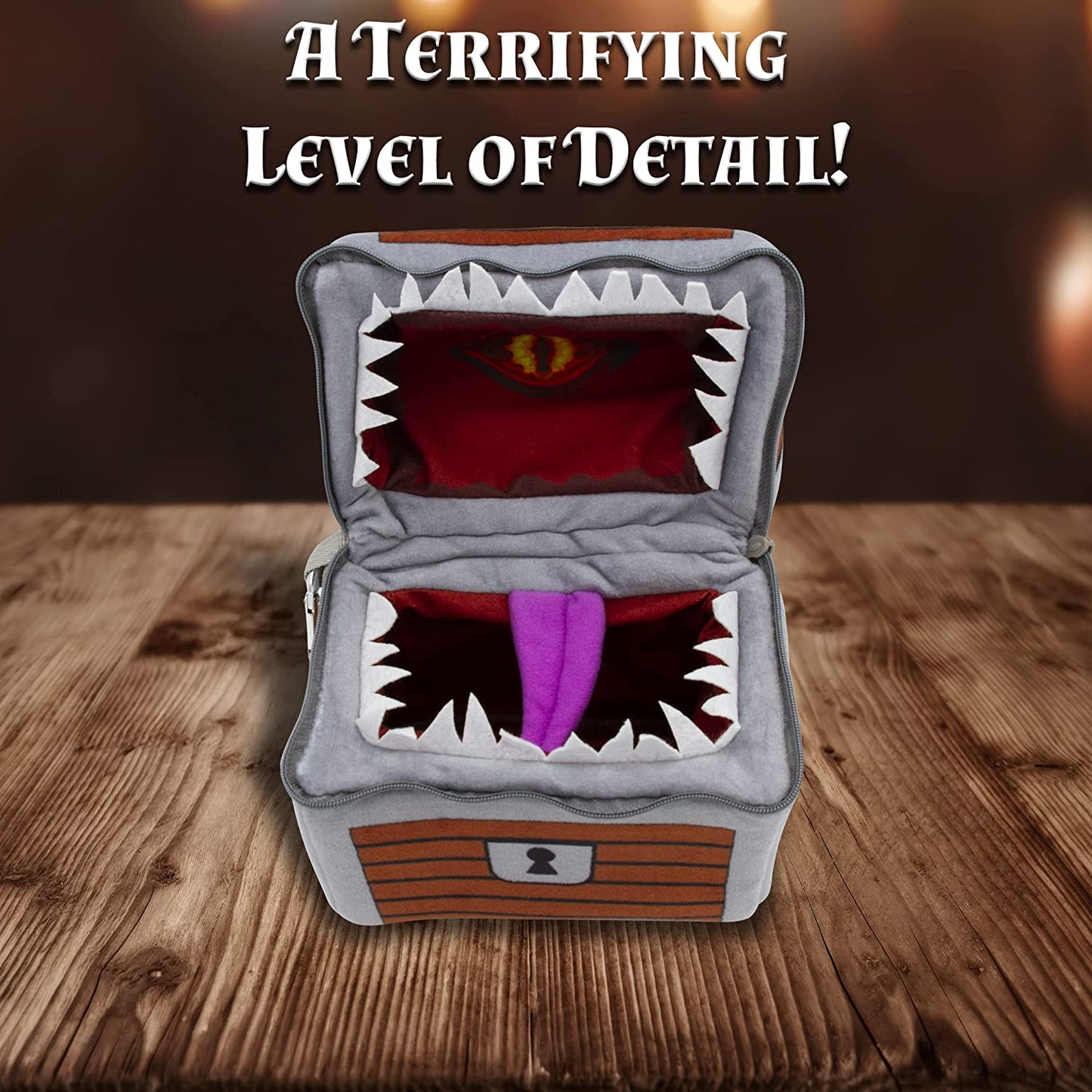 Mimic Dice Chest and Dice Jail with 7 Included RPG Dice - 6.5" Plush Mimic Chest Dice Bag with Zipper Closure and Carabiner for 150 Dice