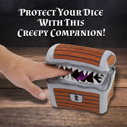 Mimic Dice Chest and Dice Jail with 7 Included RPG Dice - 6.5" Plush Mimic Chest Dice Bag with Zipper Closure and Carabiner for 150 Dice