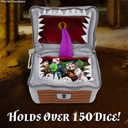 Mimic Dice Chest and Dice Jail with 7 Included RPG Dice - 6.5" Plush Mimic Chest Dice Bag with Zipper Closure and Carabiner for 150 Dice