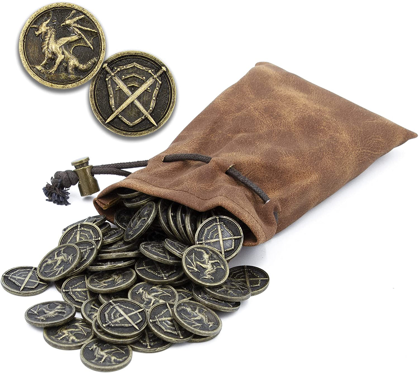 Metal Coins and Carrying Pouch for Tabletop RPG Board Games - 100 Count DND Coins Fantasy Coins with Dragons & Sword and Shield Engraving