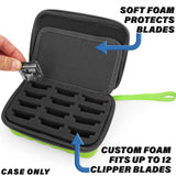 CASEMATIX Green Clipper Blade Holder for 12 Blades - Protective Clipper Blade Storage Case with Barber Blade Holder Foam and Hard Shell Outer
