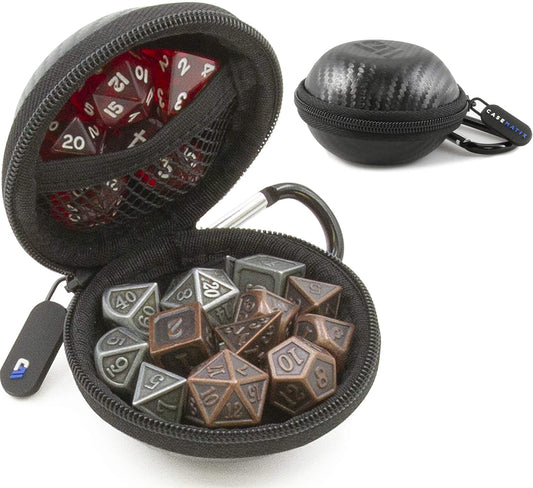 Ultra-Compact Dice Case for 21 RPG Dice - Non-Scratch Interior with Metal Carabiner & Netted Accessory Pouch for Tabletop Dice Games