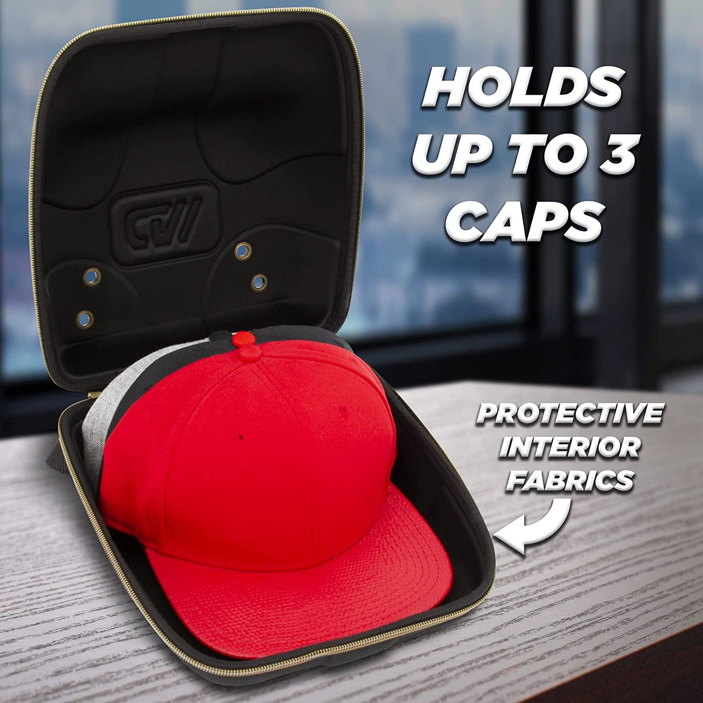 CASEMATIX Hat Travel Case for up to 4 Baseball Caps with a Hard Shell, Travel Carabiner and Handle - Portable Hat Case Carrier for Hats Storage