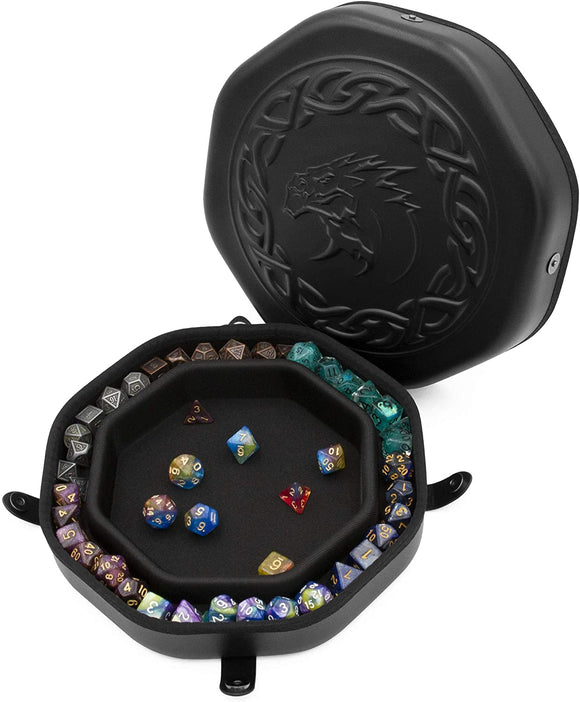 CASEMATIX Dice Tray and Storage Case for Up to 115 RPG Dice - Dice Tray for Rolling with Magnetic Snaps, Embossed Dragon Design & Non-Scratch Interior