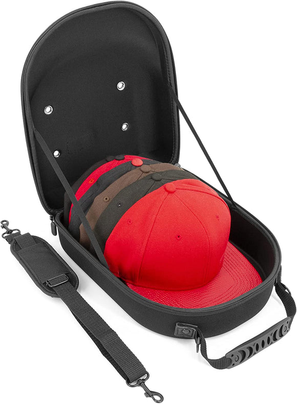 CASEMATIX Hat Travel Case for up to 6 Baseball Caps With Hard Shell Exterior, Adjustable Shoulder Strap and Carry Handle - Protective Hat Case