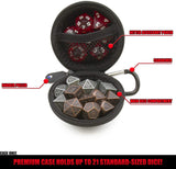 CASEMATIX Ultra-Compact Travel Dice Case and Dice Holder for up to 21 RPG Dice with Non-Scratch Interior and Metal Carabiner