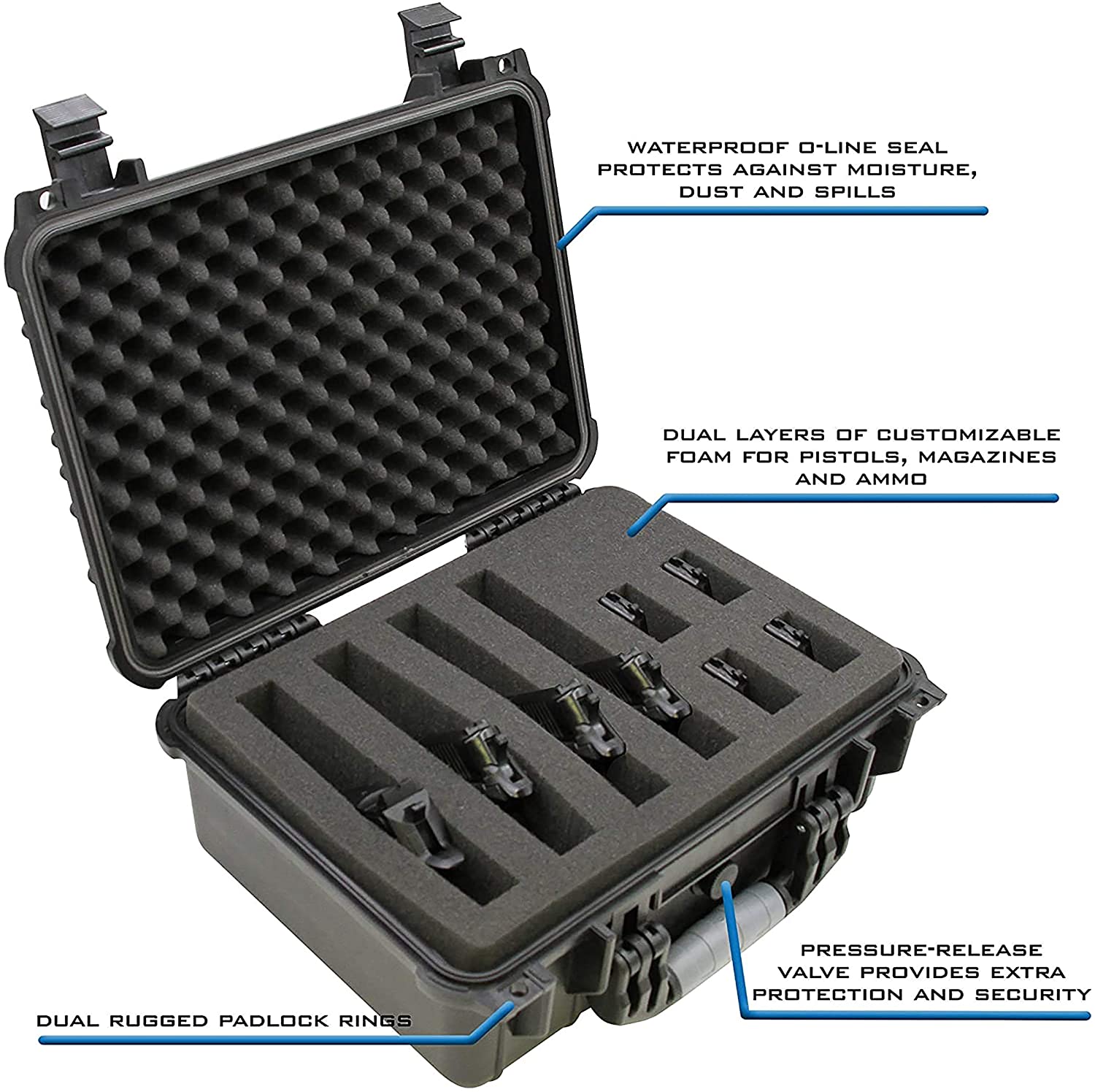CASEMATIX 16 Customizable 4 Pistol Multiple Pistol Case - Waterproof &  Shockproof Hard Gun Cases for Pistols and Magazines with Two Layers of 2  Foam
