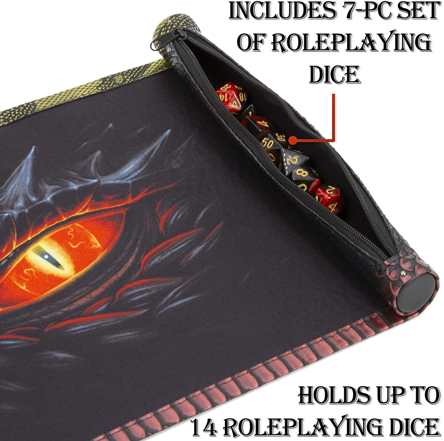 Dice Rolling Tray and Dice Mat Includes 7 Roleplaying Dice for Dungeons and Dragons D&D - Travel Dice Holder for Storing up to 14 Game Dice