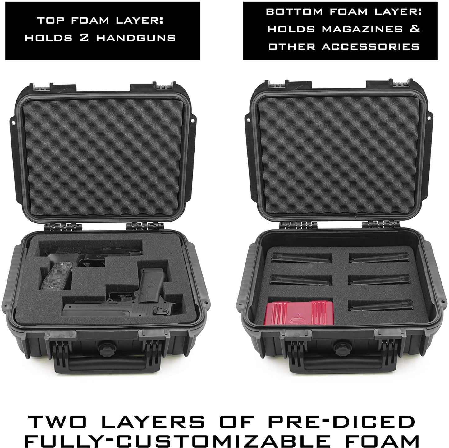 14" Two Gun Hard Case - Waterproof Shockproof Double Handgun Case with Customizable Foam Interior & Padlock Security Rings