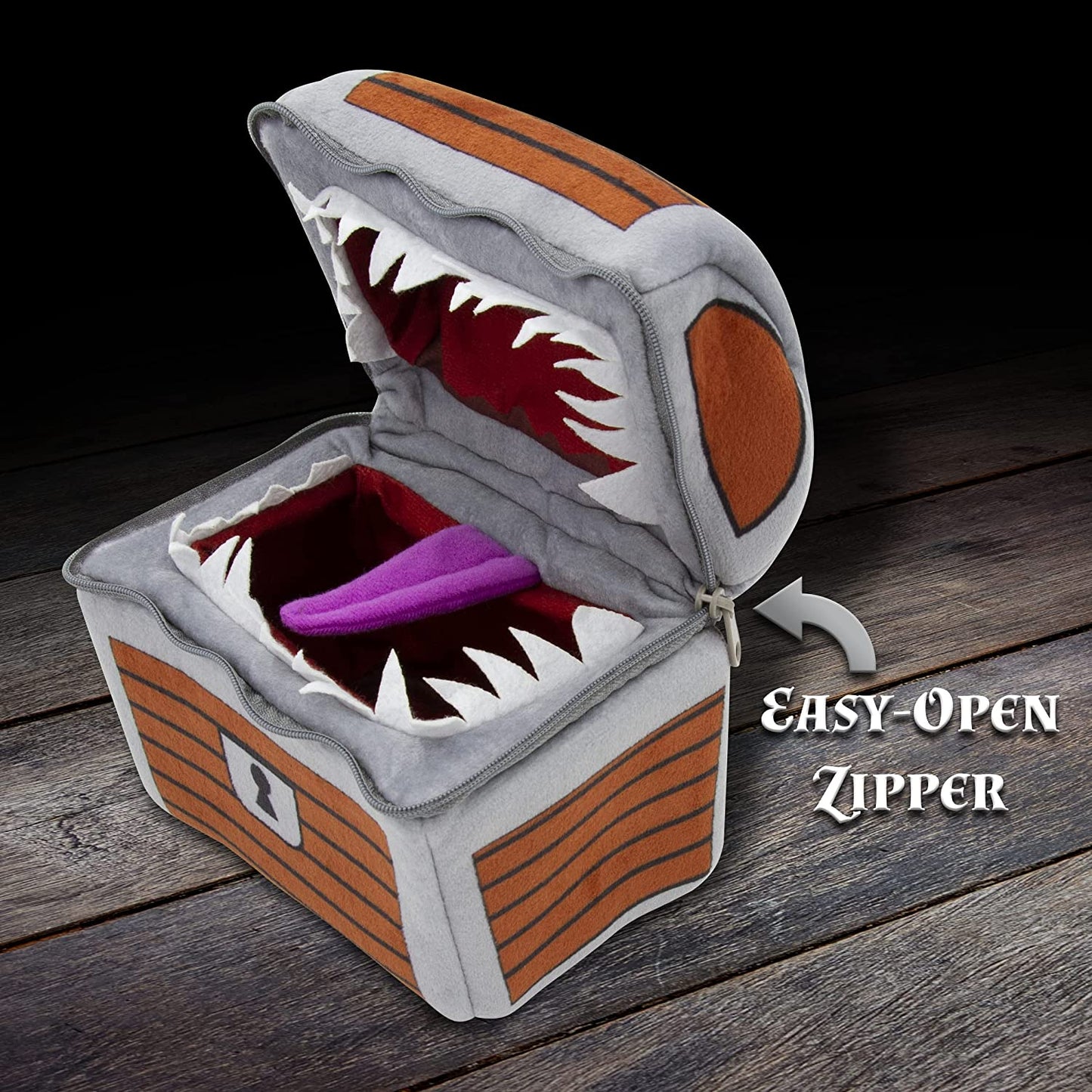 Mimic Dice Chest and Dice Jail with 7 Included RPG Dice - 6.5" Plush Mimic Chest Dice Bag with Zipper Closure and Carabiner for 150 Dice