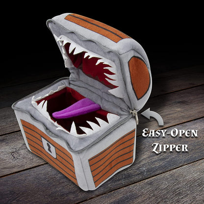 Mimic Dice Chest and Dice Jail with 7 Included RPG Dice - 6.5" Plush Mimic Chest Dice Bag with Zipper Closure and Carabiner for 150 Dice
