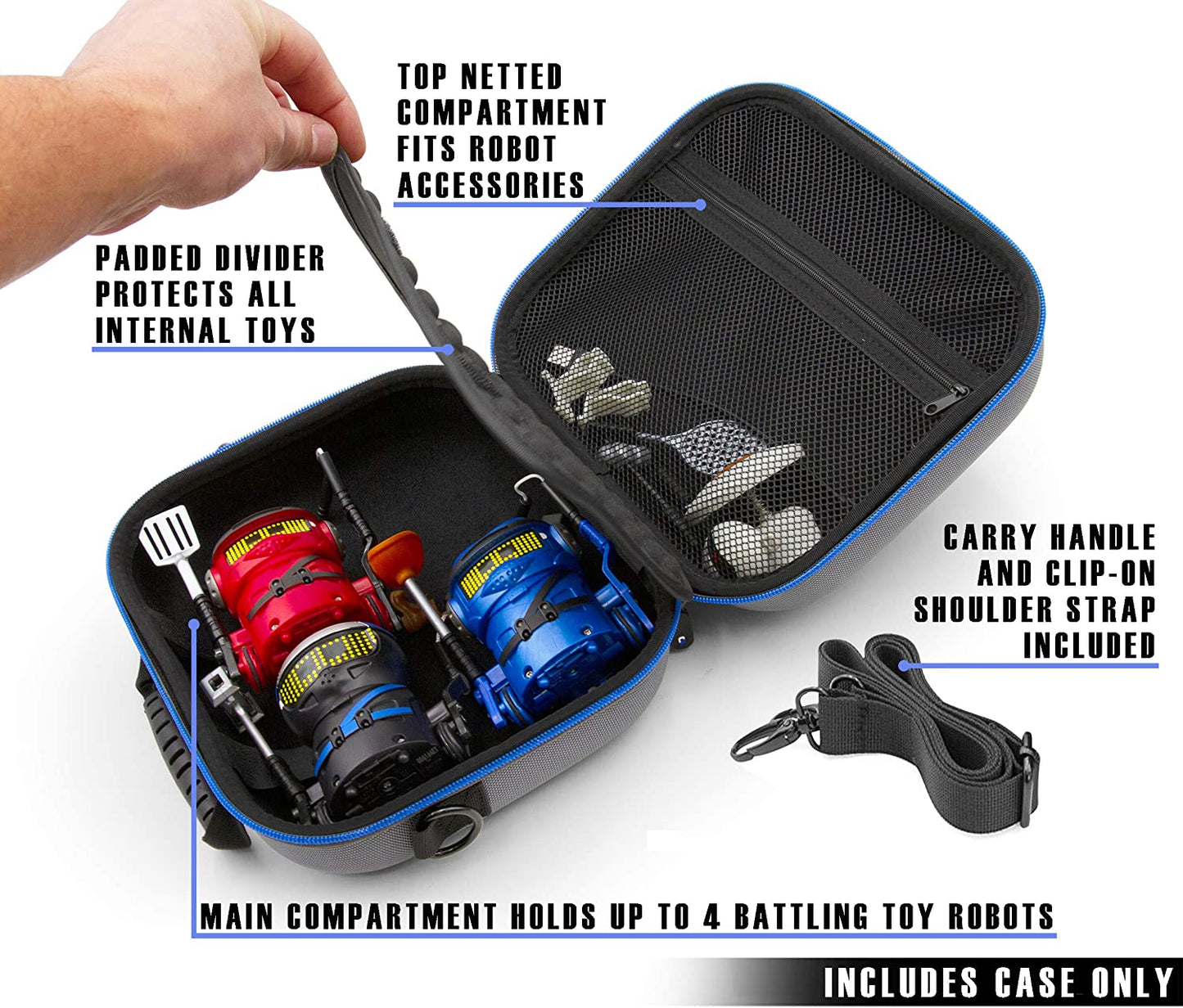 Travel Toy Case Compatible with 4 Ninja Bots Interactive Battling Robots - Hard Shell Protection with Gel Padded Divider, Handle Shoulder Strap