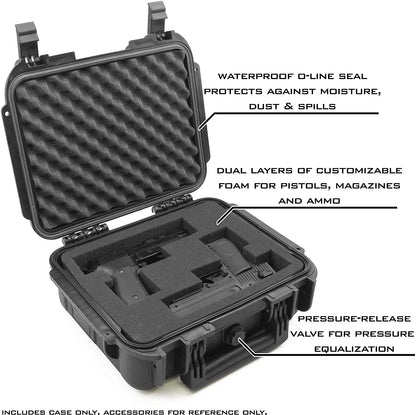 14" Two Gun Hard Case - Waterproof Shockproof Double Handgun Case with Customizable Foam Interior & Padlock Security Rings