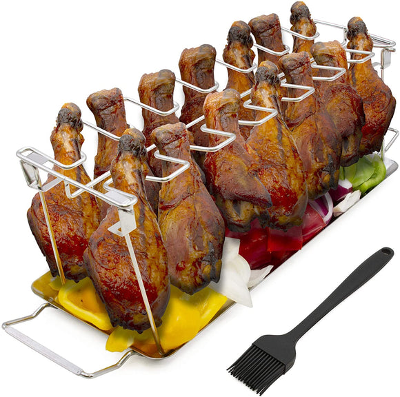 CASEMATIX Chicken Leg Rack and Chicken Wings Grill Rack with 14 Slots, Drip Tray and Basting Brush - Stainless Steel Non-Stick Chicken Drumstick Rack
