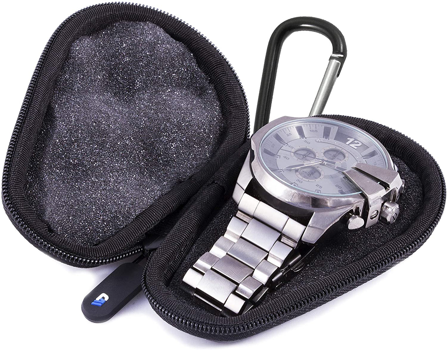 Watch Travel Case for up to 56MM Watches - Hard Shell Exterior, Cushion Foam Interior, Reinforced Zippers & Metal Carabiner - Watch Box Only