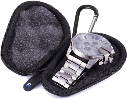 Watch Travel Case for up to 56MM Watches - Hard Shell Exterior, Cushion Foam Interior, Reinforced Zippers & Metal Carabiner - Watch Box Only