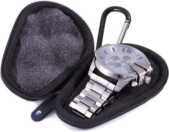 CASEMATIX Watch Travel Case with Hard Shell Exterior, Cushion Foam Interior, Reinforced Zippers & Metal Carabiner - Watch Box for up to 56MM Watches