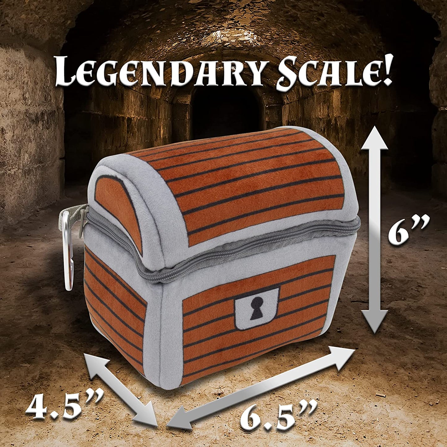 Mimic Dice Chest and Dice Jail with 7 Included RPG Dice - 6.5" Plush Mimic Chest Dice Bag with Zipper Closure and Carabiner for 150 Dice