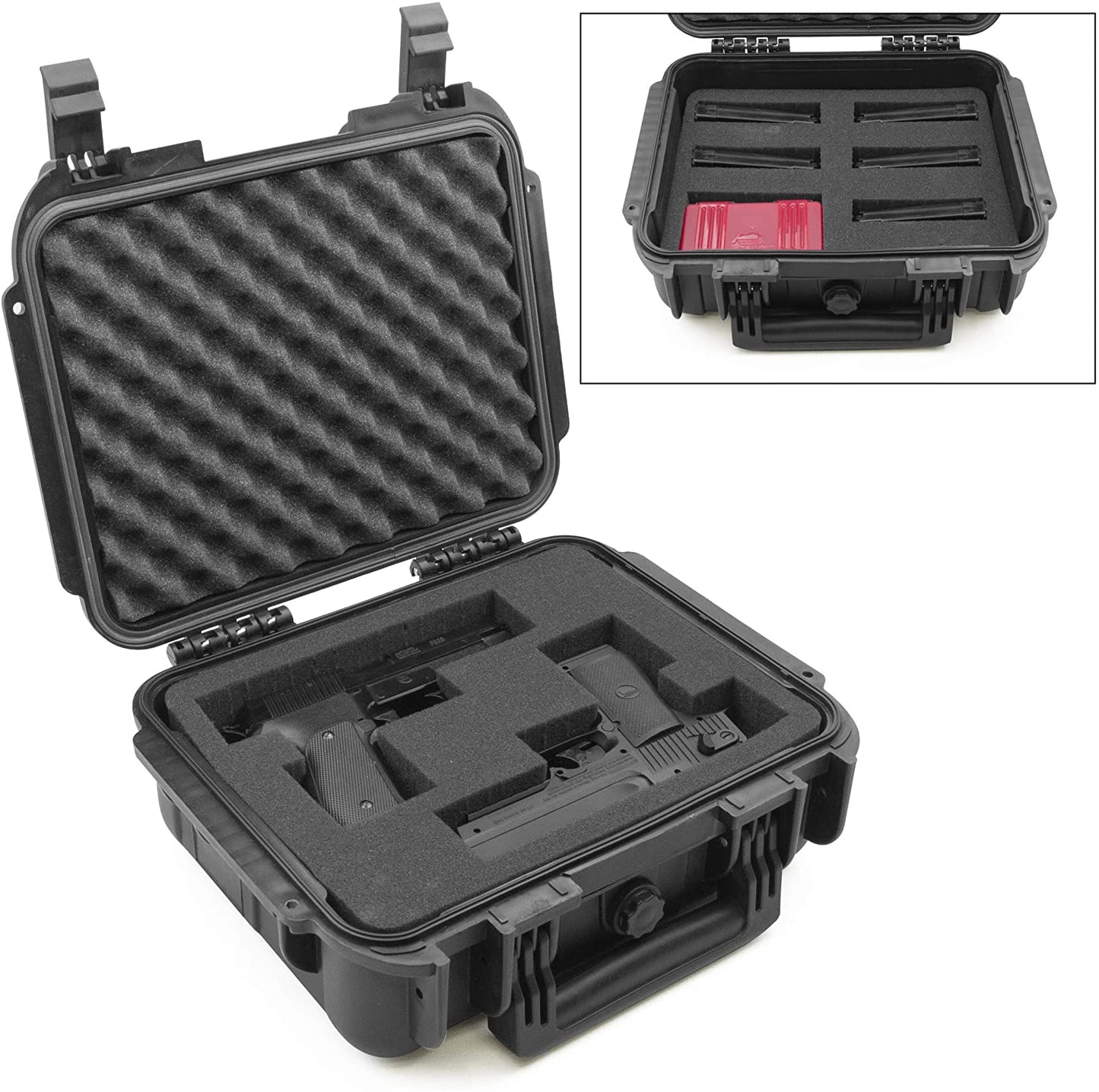14" Two Gun Hard Case - Waterproof Shockproof Double Handgun Case with Customizable Foam Interior & Padlock Security Rings