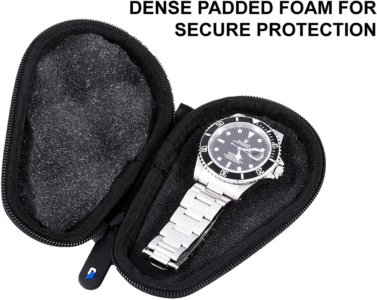 Watch Travel Case for up to 56MM Watches - Hard Shell Exterior, Cushion Foam Interior, Reinforced Zippers & Metal Carabiner - Watch Box Only
