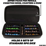 CASEMATIX Dice Box and Card Case for 9 Sets of RPG Dice, Spell Cards, Counters and Other Accessories - Dice Holder with Embossed Dragon Design