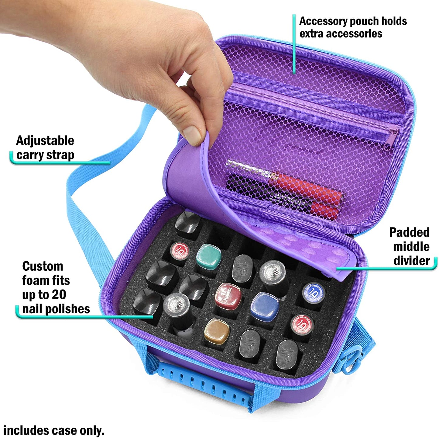 Nail Polish Organizer Case with 20 Nail Polish Holder Foam Slots - Includes Nail Polish Case with Padded Foam and Shoulder Carry Strap Only