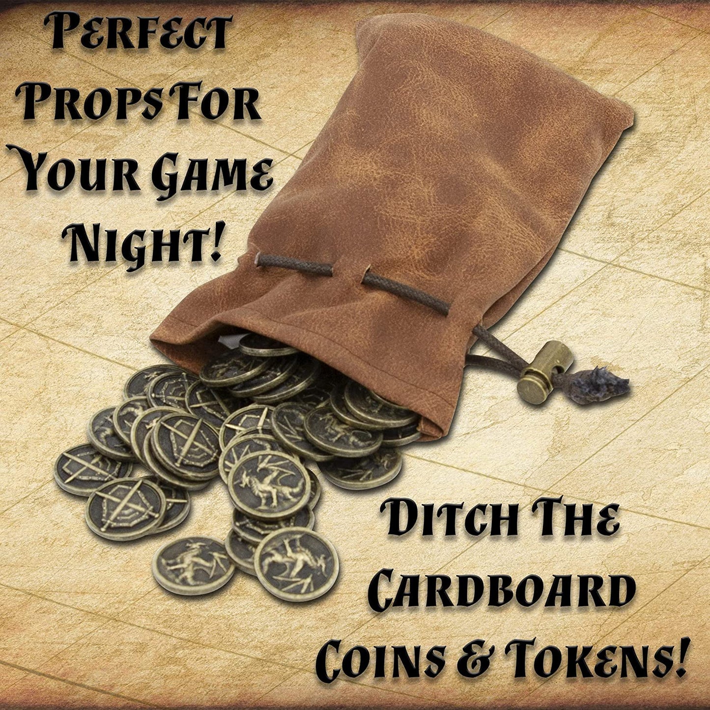 Metal Coins and Carrying Pouch for Tabletop RPG Board Games - 100 Count DND Coins Fantasy Coins with Dragons & Sword and Shield Engraving