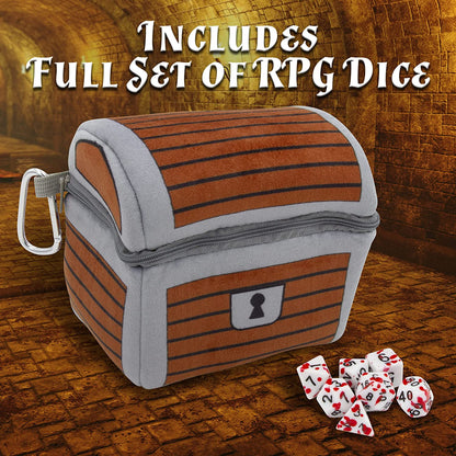 Mimic Dice Chest and Dice Jail with 7 Included RPG Dice - 6.5" Plush Mimic Chest Dice Bag with Zipper Closure and Carabiner for 150 Dice