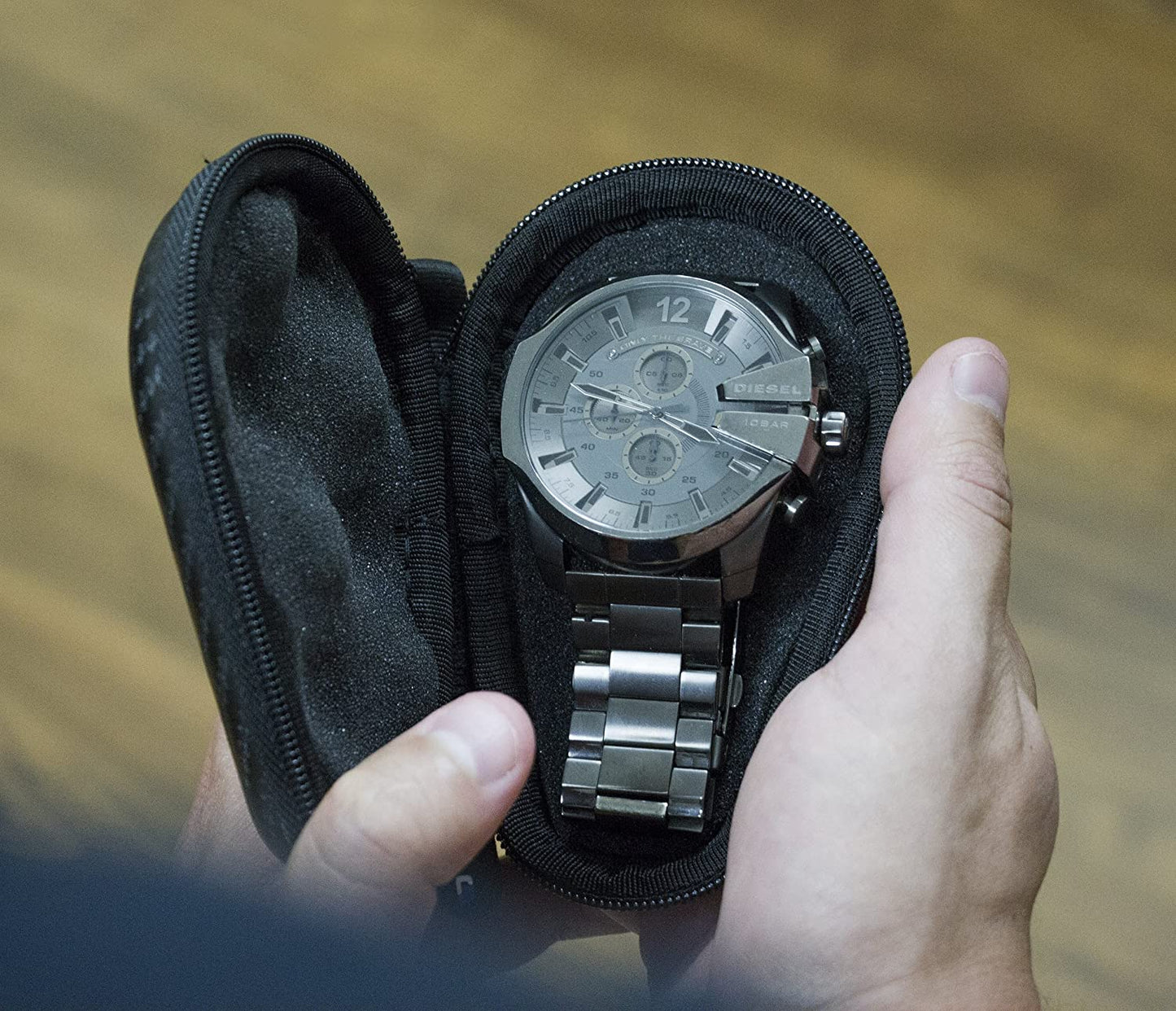 Watch Travel Case for up to 56MM Watches - Hard Shell Exterior, Cushion Foam Interior, Reinforced Zippers & Metal Carabiner - Watch Box Only