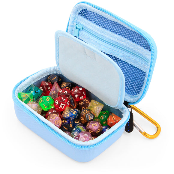 CASEMATIX Travel Dice Case and Dice Holder for RPG Dice with Padded Interior Divider and Wrist Strap - Hard Shell Protective Dice Box
