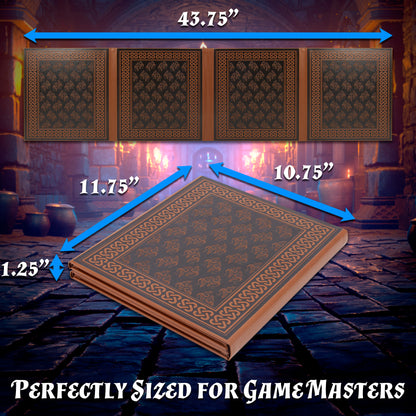 Faux Leather 4-Panel DM Screen – Embossed Folding GM Screen with Wet-Erase Pockets for Tabletop RPGs – Black or Brown (Inserts Not Included)
