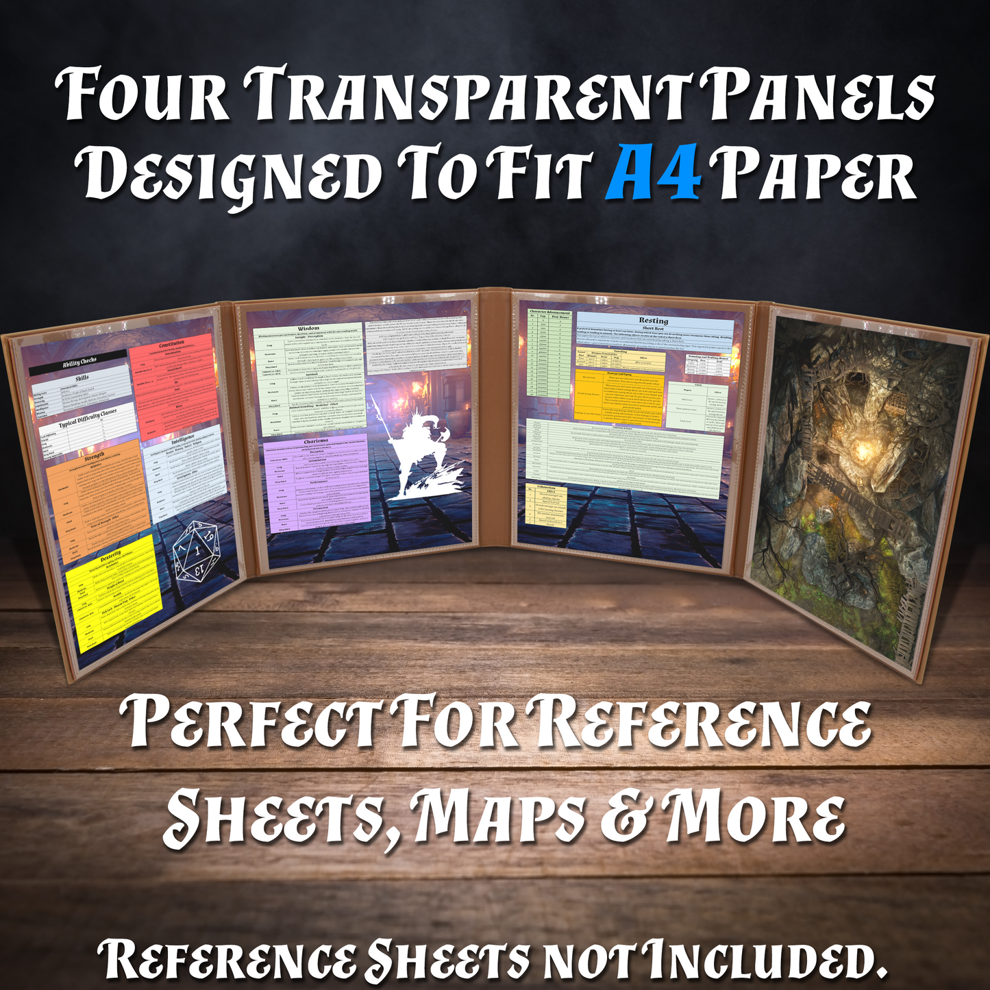 Faux Leather 4-Panel DM Screen – Embossed Folding GM Screen with Wet-Erase Pockets for Tabletop RPGs – Black or Brown (Inserts Not Included)