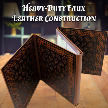 Faux Leather 4-Panel DM Screen – Embossed Folding GM Screen with Wet-Erase Pockets for Tabletop RPGs – Black or Brown (Inserts Not Included)