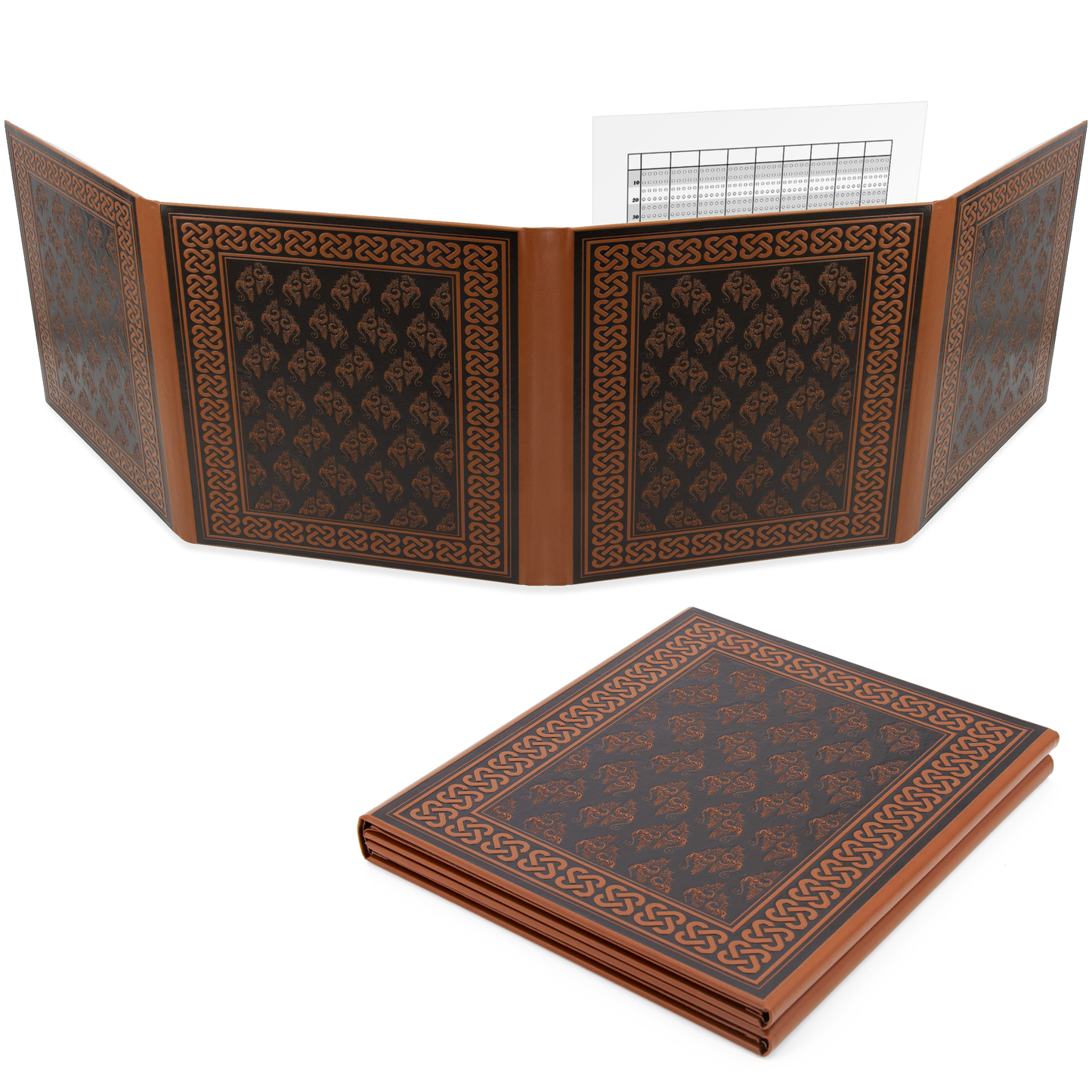 Faux Leather 4-Panel DM Screen – Embossed Folding GM Screen with Wet-Erase Pockets for Tabletop RPGs – Black or Brown (Inserts Not Included)