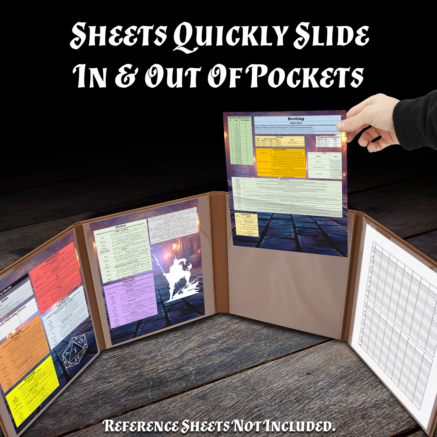 Faux Leather 4-Panel DM Screen – Embossed Folding GM Screen with Wet-Erase Pockets for Tabletop RPGs – Black or Brown (Inserts Not Included)