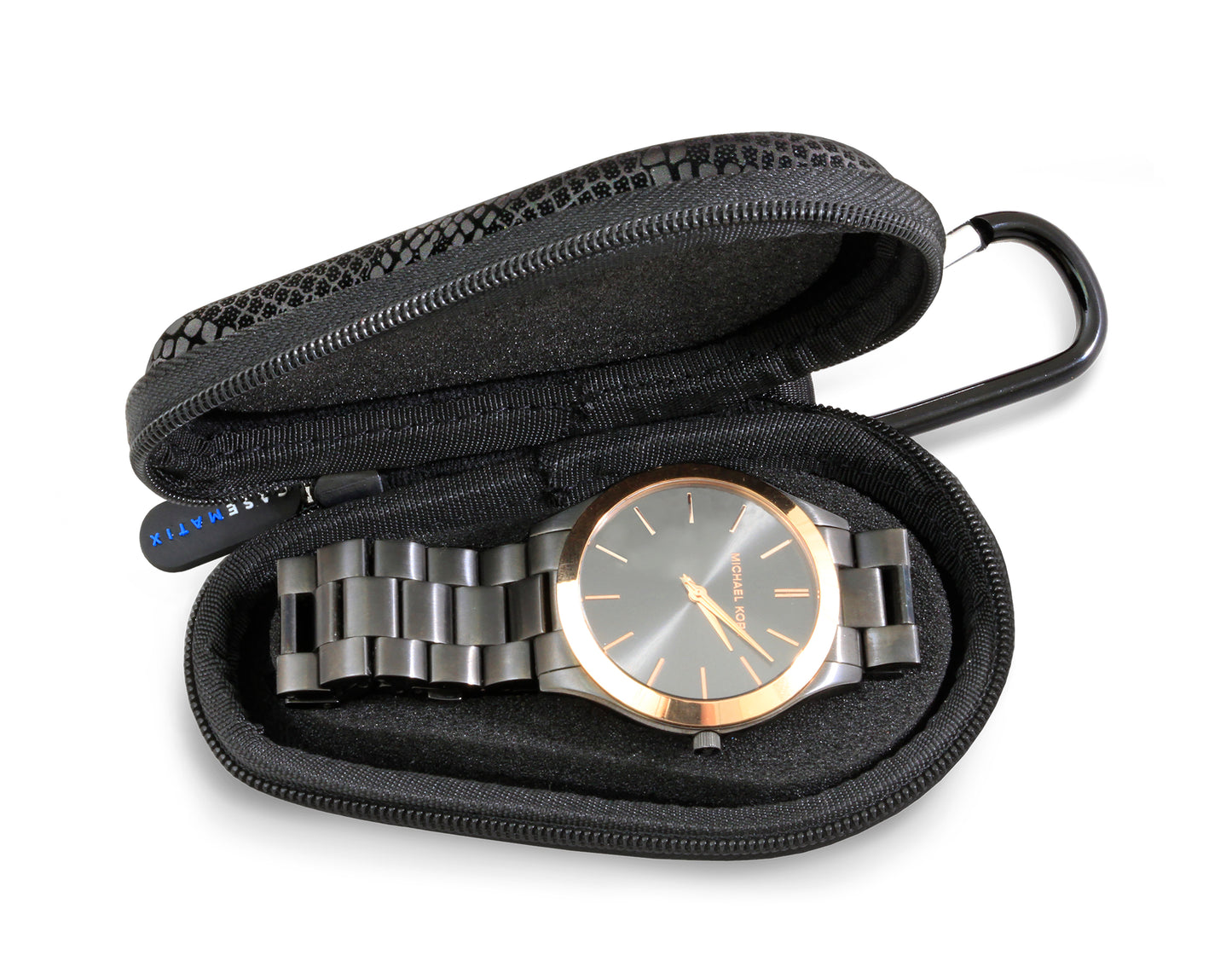 Watch Travel Case for up to 56MM Watches - Hard Shell Exterior, Cushion Foam Interior, Reinforced Zippers & Metal Carabiner - Watch Box Only